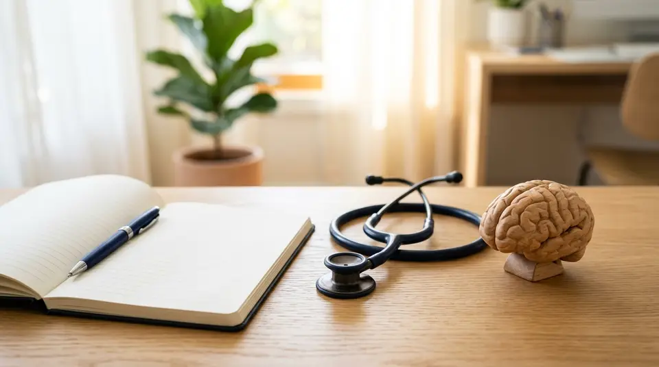 Consultório clínico com mesa de atendimento e poltronas de conversa, remetendo à psicologia e à psiquiatria