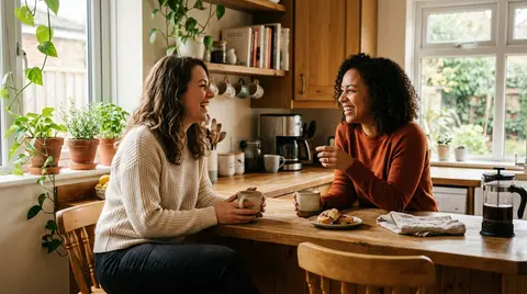Duas amigas conversando de forma descontraída em um café