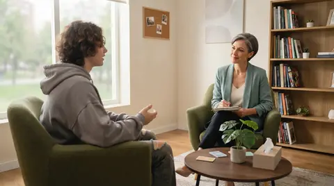 Adolescente conversando com uma psicóloga em consultório moderno e acolhedor