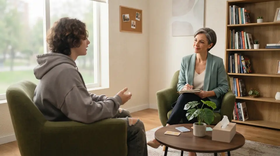 Adolescente conversando com uma psicóloga em consultório moderno e acolhedor