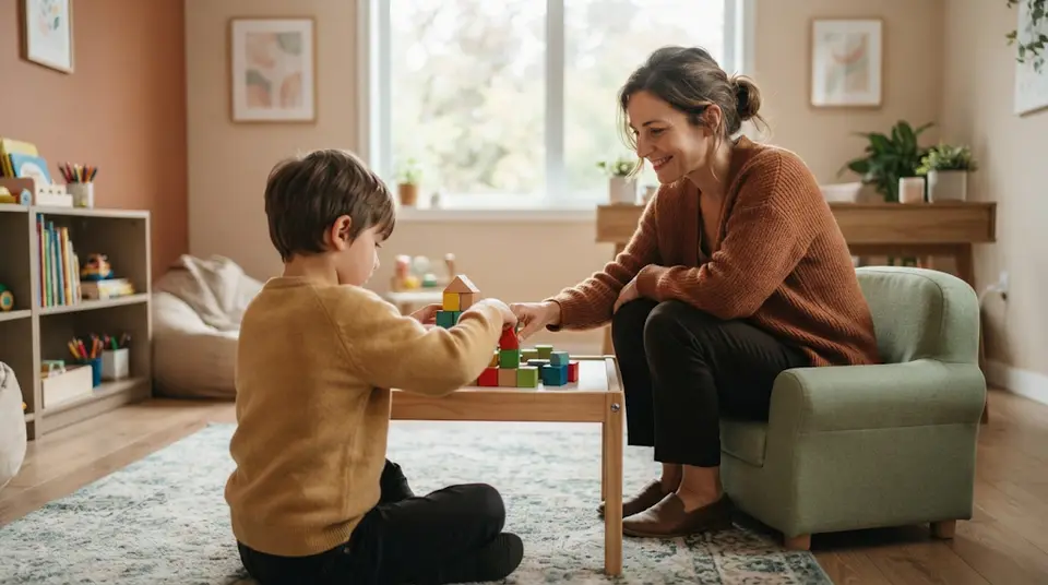 Criança brincando com blocos no chão enquanto conversa com uma psicóloga infantil