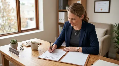 Mão assinando um documento formal sobre uma mesa de consultório