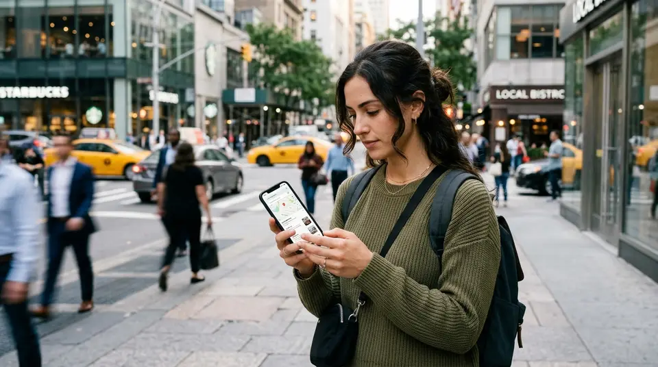 Mulher usando o celular para buscar psicólogos próximos em um mapa