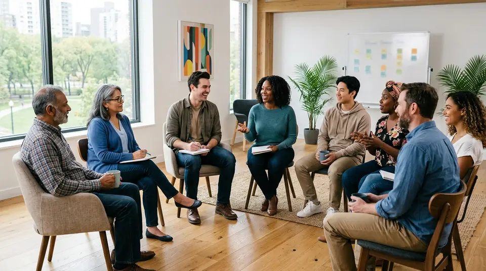 Grupo de pessoas sentadas em círculo numa sala de terapia em grupo, conversando